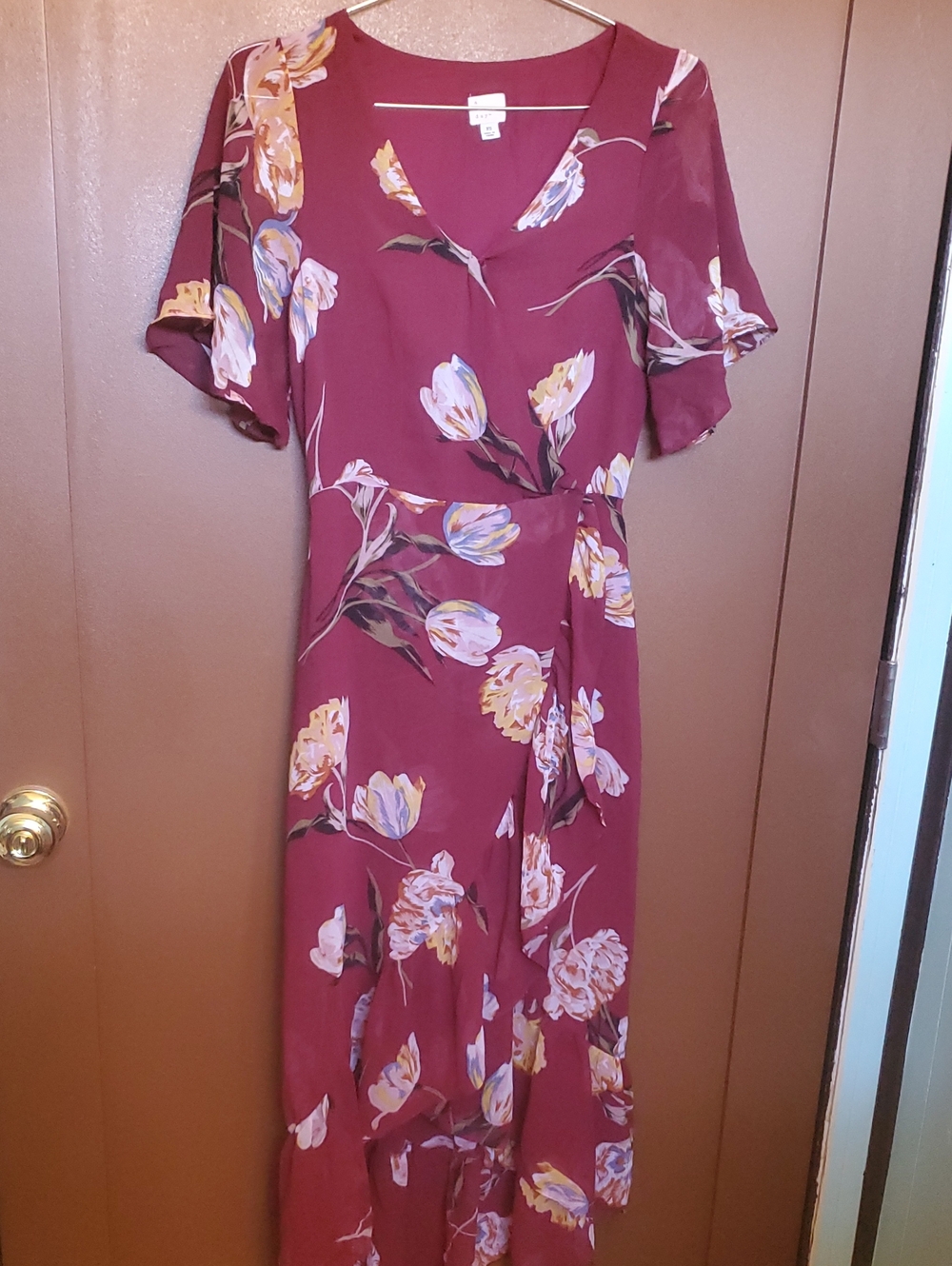 A New Day Burgundy Floral Wrap Dress